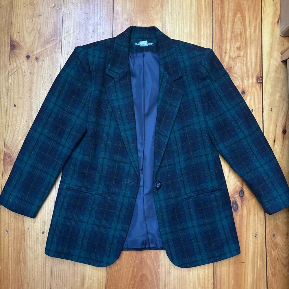 Vintage Wool Green and Blue Plaid Blazer - Picture 1 of 3